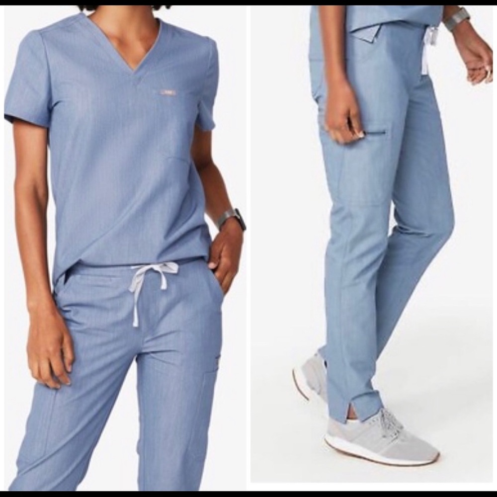 Figs scrubs set in heather blue xs catarina and small TALL Yola bottoms